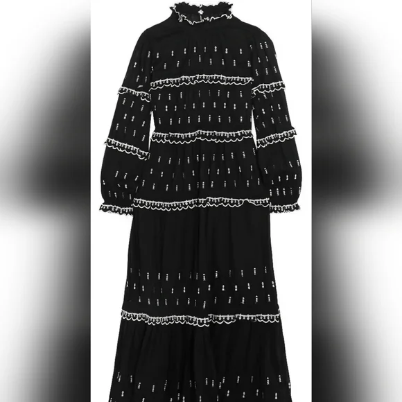 Isabel Etoile Morant Lyukio black cotton scalloped embroidered midi dress M-L